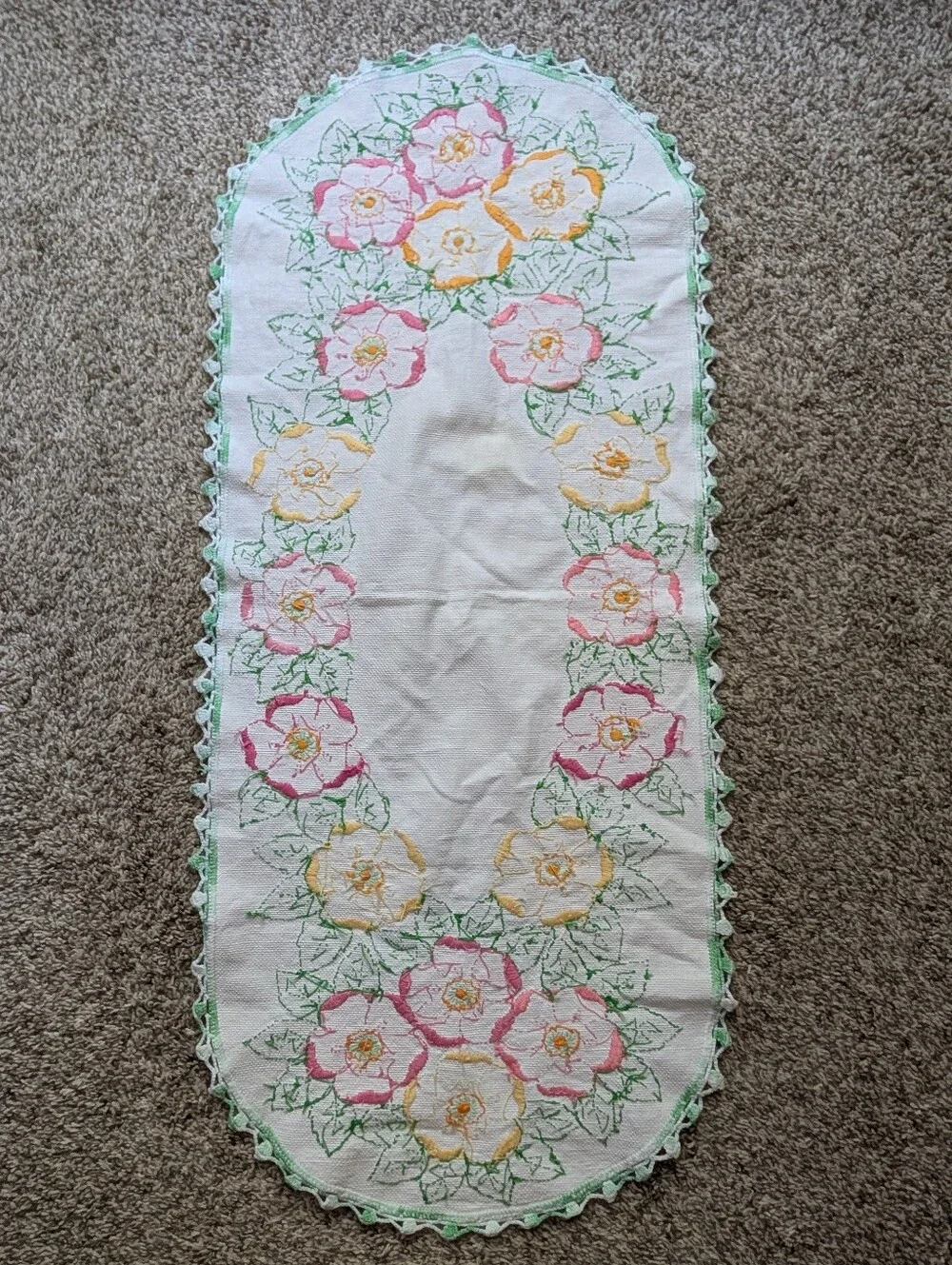Hand-Embroidered Floral Table Runner - Pink & Yellow Flowers Cottage Core